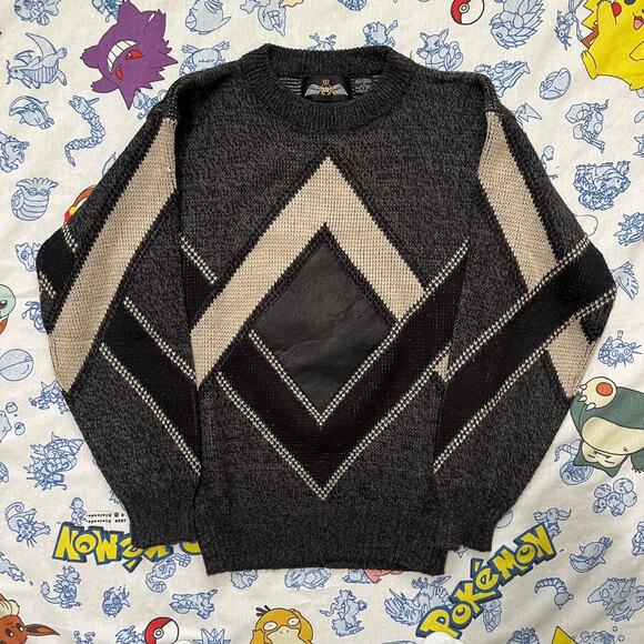 Vintage 90s RAF Black Leather Acrylic Sweater - Picture 1 of 4